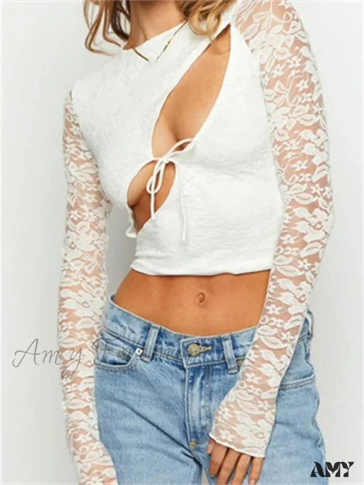Special Price Amy Fashion - Solid Color Lace Floral Front Cutout Slim Fit T-Shirts