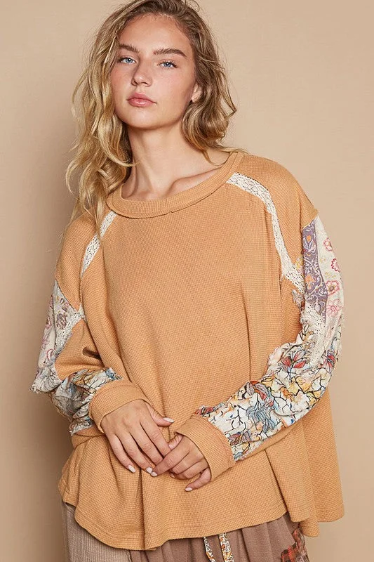 Take Action POL Waffle-Knit Lace Detail Round Neck Top