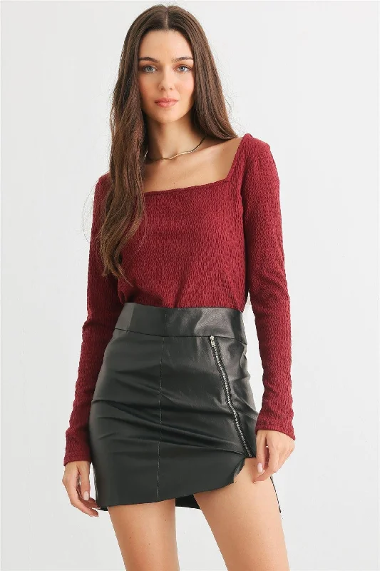 Sale Alert Burgundy Smocked Square Neck Long Sleeve Top /2-2-2