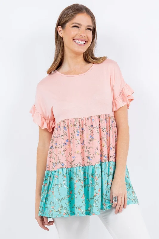 Weekend Savings Spree Celeste Full Size Floral Color Block Ruffled Short Sleeve Top