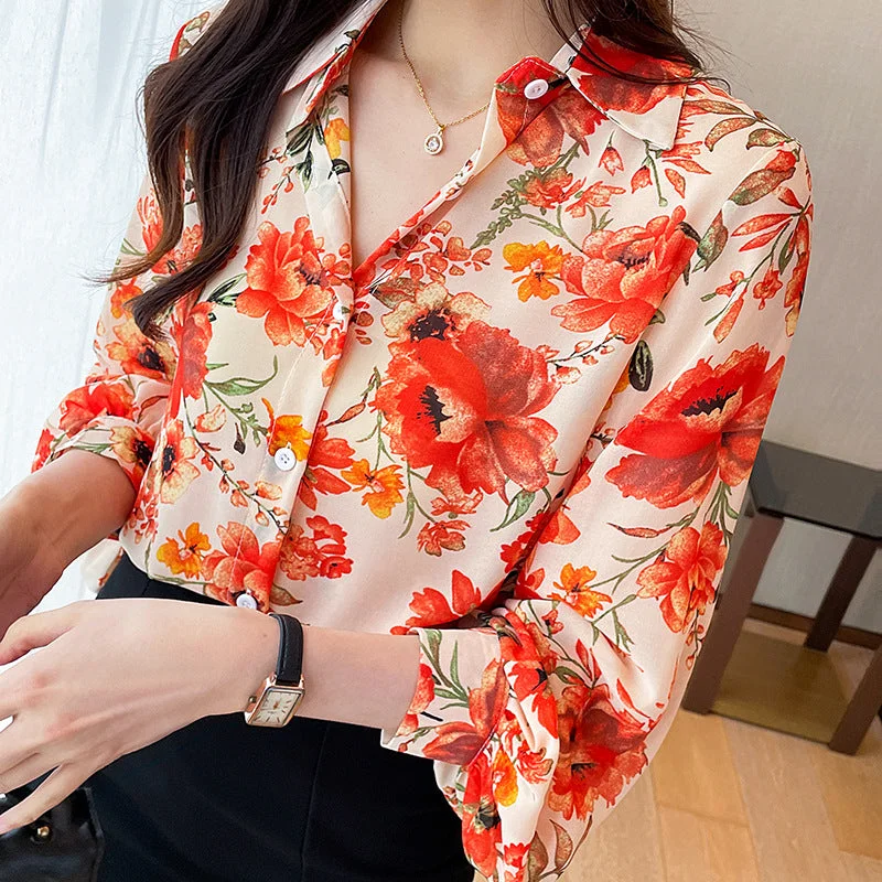 Flash Sale New Chic Ladies Shirts Fashion Red Floral Printing Women Blouses 2022 Spring Autumn Causal Long Sleeve Blouses Mujer Blusas