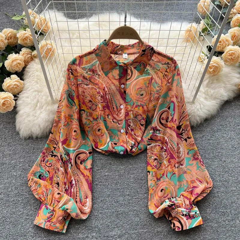 New Markdowns 2022 spring new retro contrast color printing loose puff sleeve shirt women