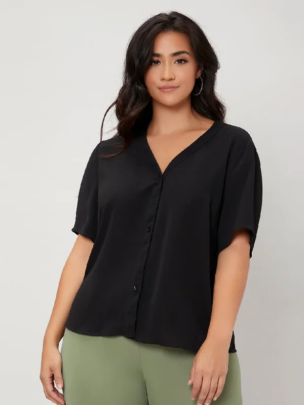 Bonus Savings Plain Button Front Short Sleeve V Neck Regular Plus Size Blouse