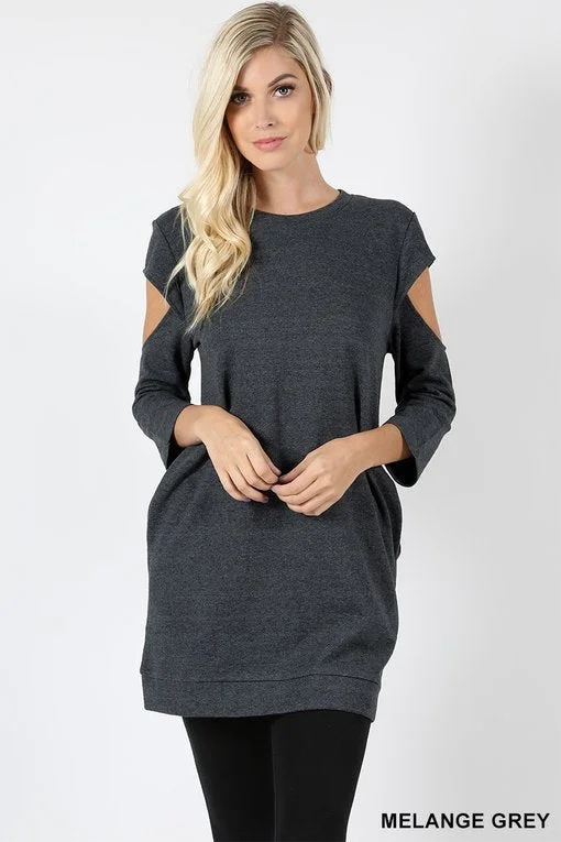 One-Day Only Gray Tunic Sweatshirt Cut Out 3/4 Sleeve Oversized Crew Casual Solid