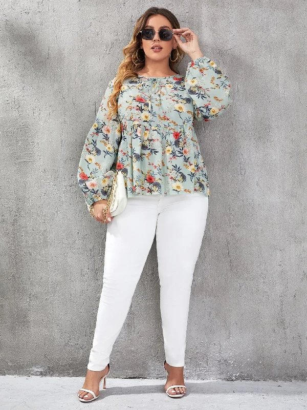 Massive Deals All Over Print Ruffle Hem Long Sleeve Round Neck Flared Regular Plus Size Blouse