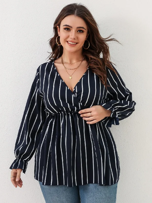 The Best Prices Striped Ruffle Hem Long Sleeve Deep V Neck Long Plus Size Blouse