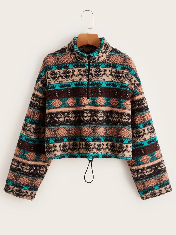 Sale Alert Casual All Over Print Zipper Long Sleeve Stand Collar Crop Women Sweatshirt
