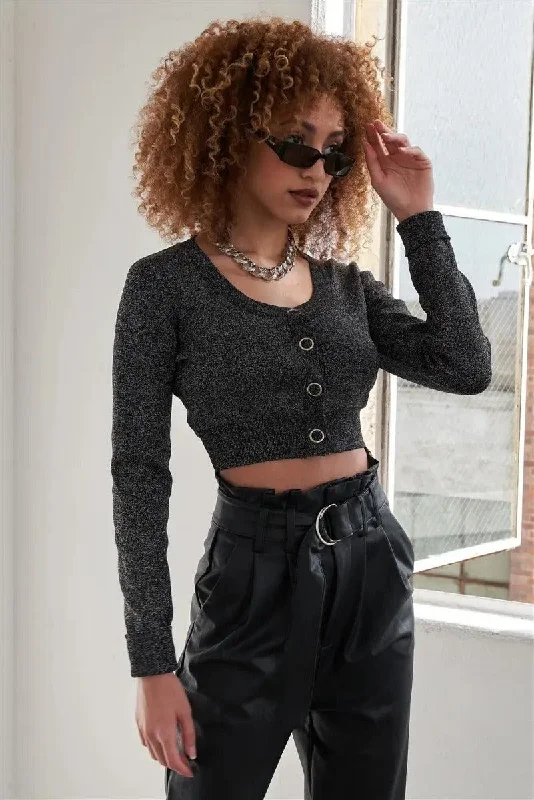 Blowout Deals Sparkly Metallic Black Long Sleeve Crop Cardigan