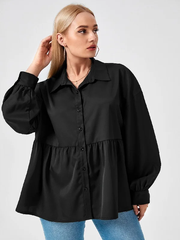 Price Rollback Long Sleeve Plain Button Front Collar Long Plus Blouse