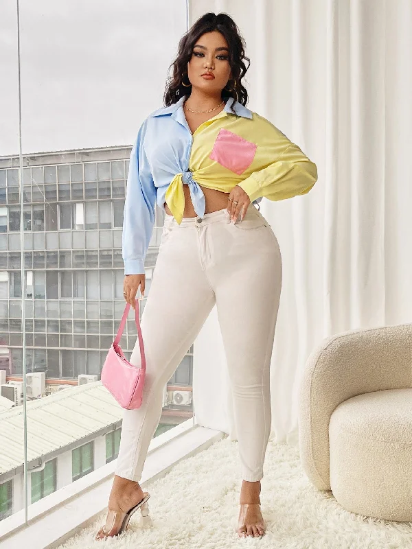 Weekend Savings Bonanza Colorblock Button Front Long Sleeve Collar Long Plus Size Blouse Weekend Savings Bonanza Colorblock Button Front Long Sleeve Collar Long Plus Size Blouse