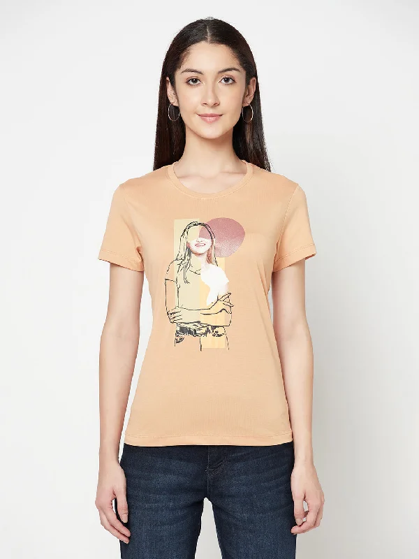 Deal of the Week Women's Casual Regular Short Sleeve Peach Round neck Graphic Print T-Shirt