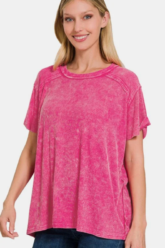 Loyalty Reward Zenana Washed Ribbed Short Sleeve Top