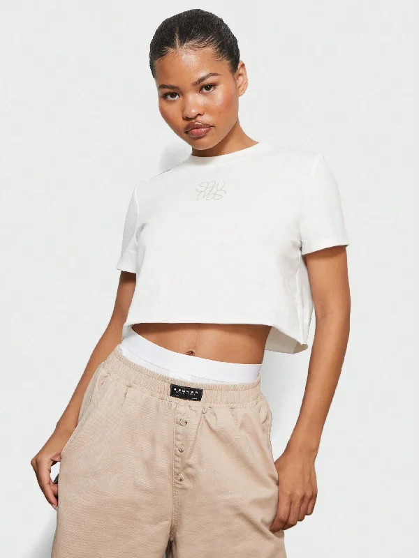 Discount Mania SUMWON WOMEN Shrunken Raw Hem Crop Small Graphic Print Tee