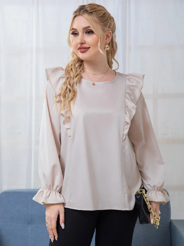 Doorbuster Deal Plain Ruffle Long Sleeve Round Neck Regular Plus Size Blouse