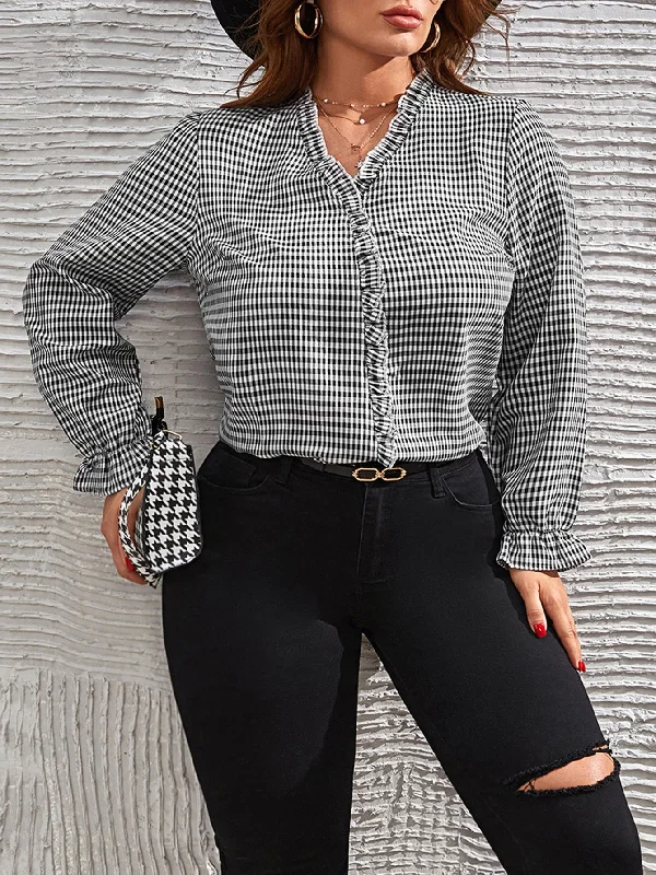 Online Deal Gingham Frill Long Sleeve V Neck Regular Plus Size Blouse