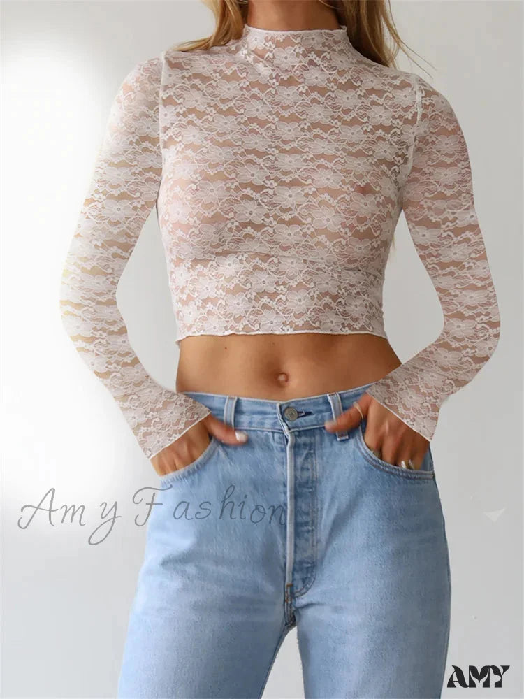Weekend Savings Spectacular Amy Fashion - Sexy Lace Flower Crop Tops Long Sleeve Mesh See-Through Slim Fit T-shirts