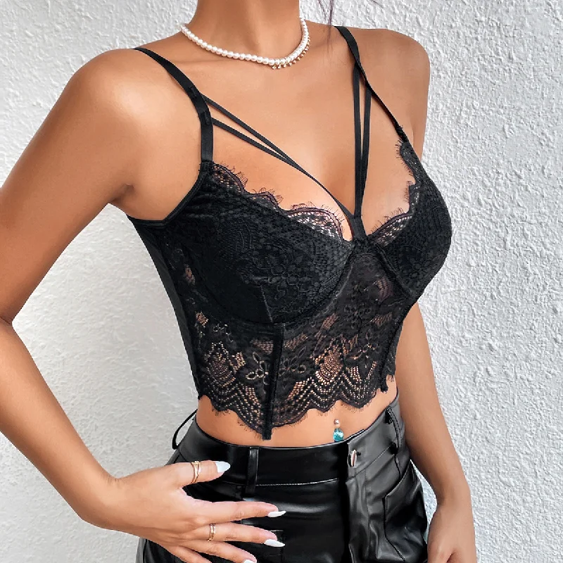 Sale Alert Sexy Hollow Lace Eyelash Steel Ring Camisole Short Vest Wholesale Lingerie