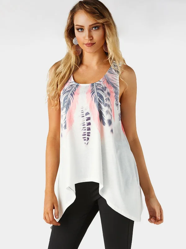 Weekend Discounts to Savor Custom Round Neck Floral Print Sleeveless White Tank Top