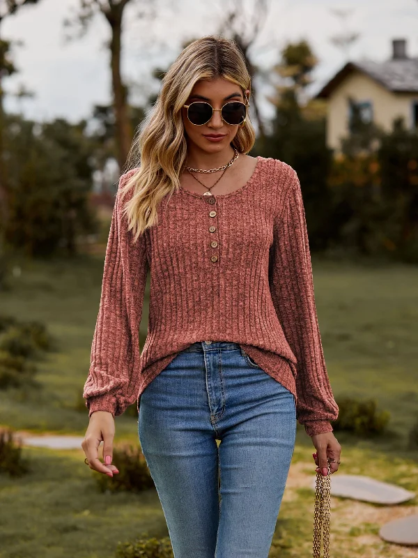 Shop and Save Round Neck Button-Down Long Sleeve Tee