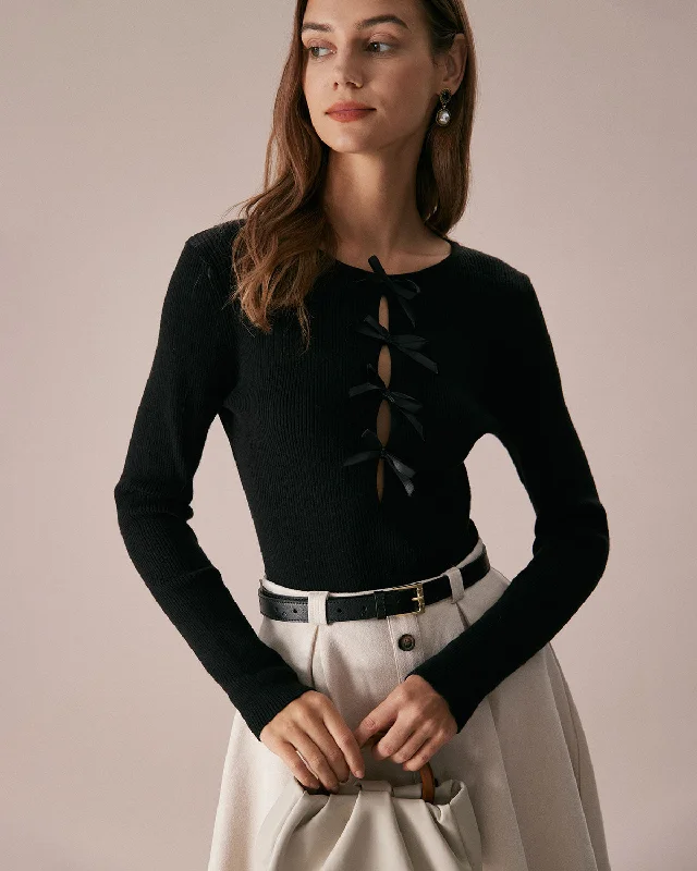 Fantastic Offers The Black Boat Neck Bowknot Front Knit Top