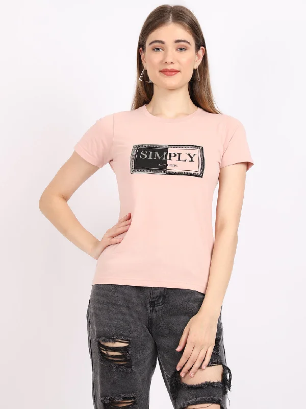 Midnight Madness Women's Casual Regular Short Sleeve Peach Round neck Typographic Print T-Shirt
