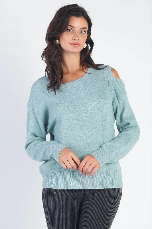 Great Deals Teal Cold Shoulder Long Sleeve Knit Sweater /3-2-1