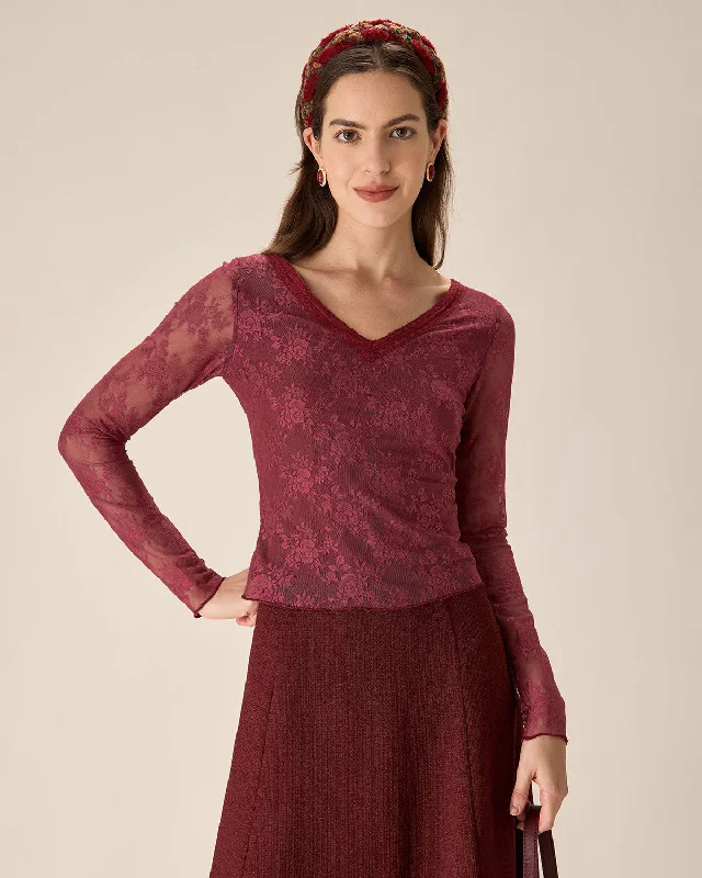 Online Exclusive Red Floral V-Neck See-Through Lace Tee