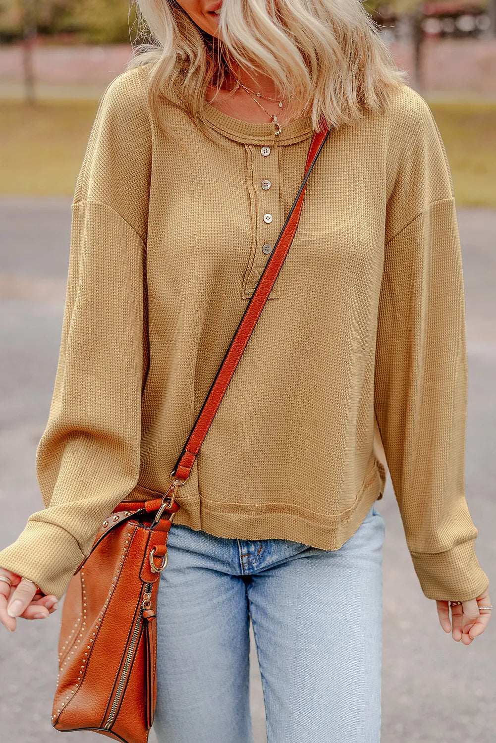 Hurry In Waffle-Knit Half Button Round Neck Long Sleeve Top