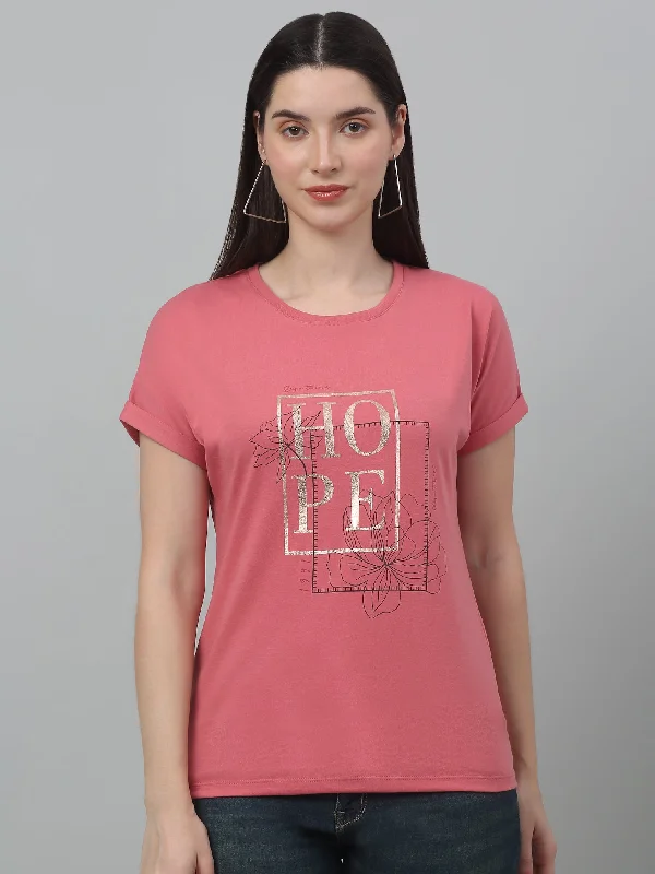 Bargain Bin Women's Casual Extended Sleeve Dark Pink Round neck Typographic Print T-Shirt