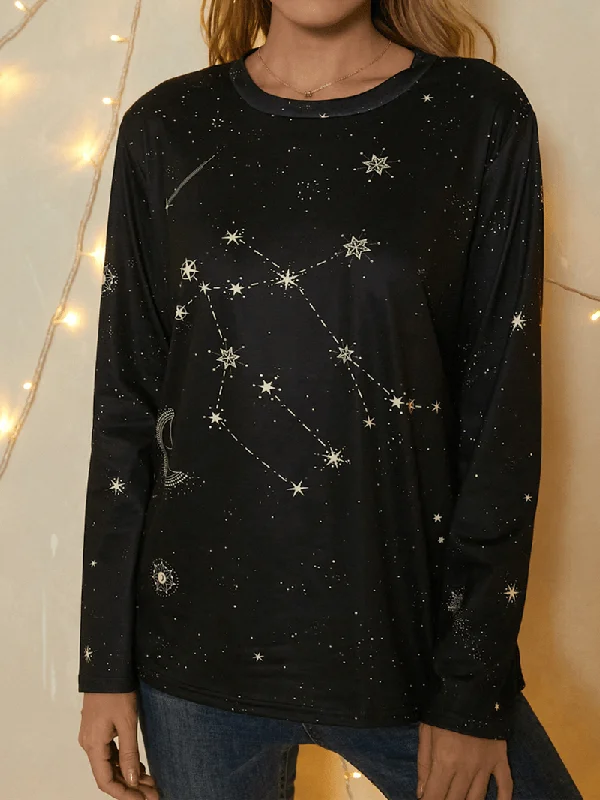 Weekend Specials to Snag Women Gemini Print Stars Moon O-Neck Long Sleeve Casual T-Shirt