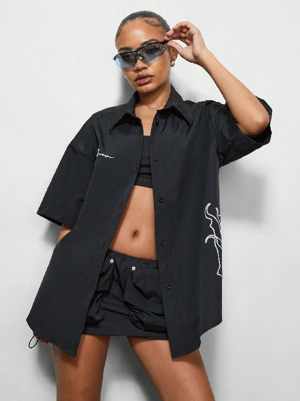 Don’t Miss Out SUMWON WOMEN Side Print Boxy Sleeves Oversized Nylon Shirt