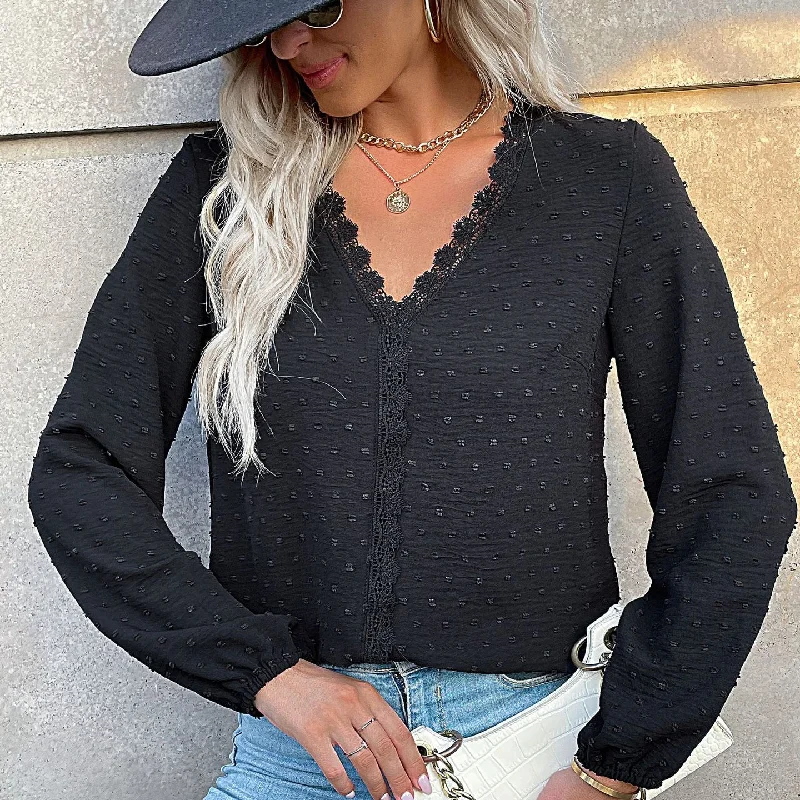 Stock Up and Save Casual V Neck Tops Solid Color Jacquard Wholesale Womens Long Sleeve T Shirts Stock Up and Save Casual V Neck Tops Solid Color Jacquard Wholesale Womens Long Sleeve T Shirts