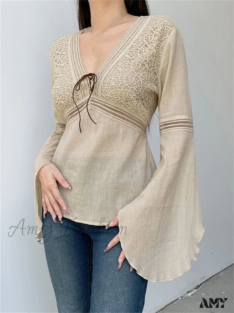 New Deals Amy Fashion - Retro Spring Autumn y2k Fairycore  V-neck Long Flare Sleeve T-shirts