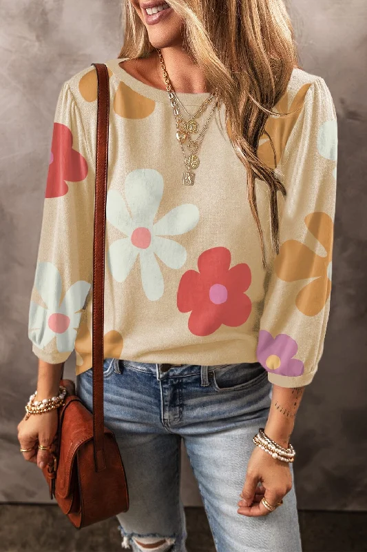Weekend Specials to Relish Flower Round Neck Long Sleeve Blouse