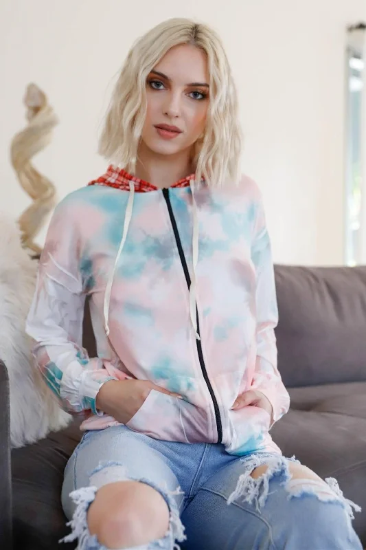 Weekend Discounts to Love Dreamy Pastel Tie-Dye Plaid Accent Hoodie