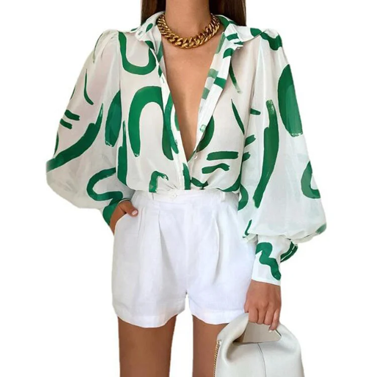 Season Finale Sale Fashion Lapel Single-breasted Loose Blouse Autumn Tulle Long Lantern Sleeve Shirts Women Elegant Print Tops Blouse