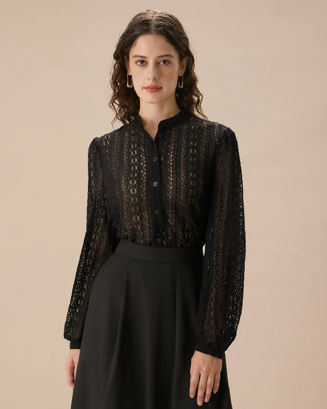 Crazy Deals Black Lace Lantern Sleeve Blouse