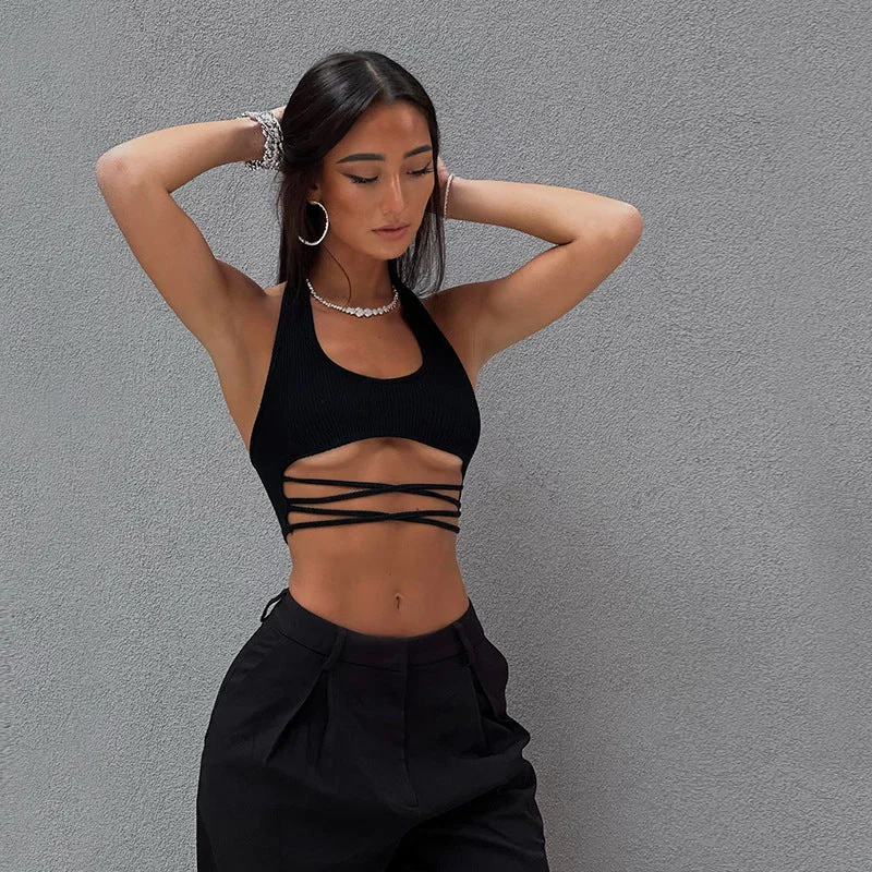 Factory Direct Sale Sexy Solid Color Lace-Up Halter Backless Hanging Neck Tops Wholesale Womens Tops