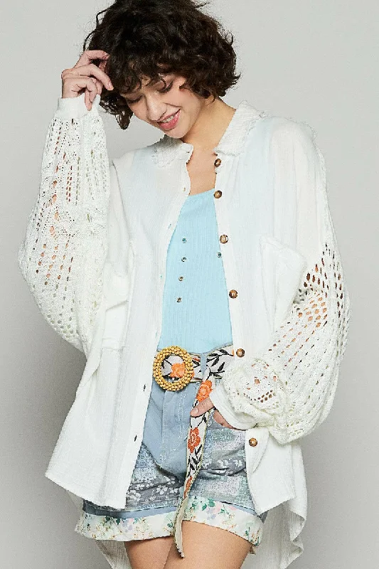 Weekend Specials to Love POL Openwork Lantern Sleeve Button Down Gauze Shirt