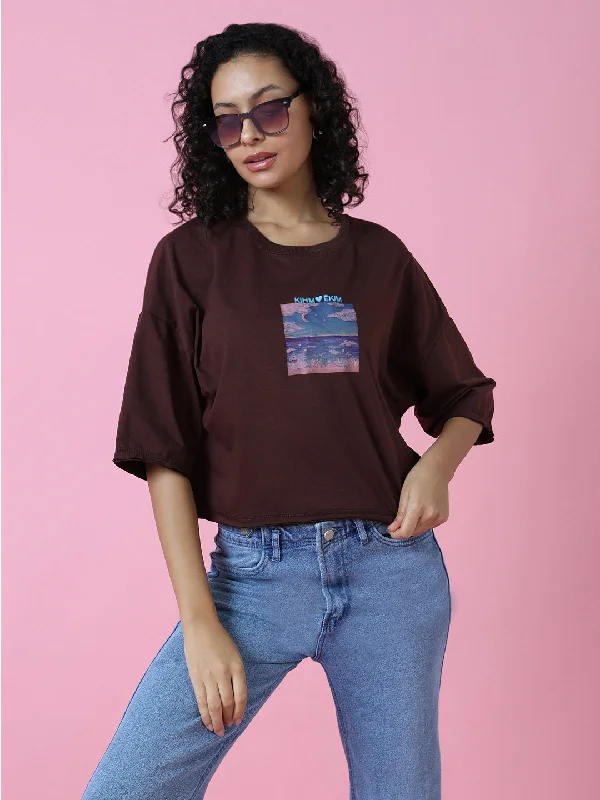 Price Break Women Graphic Brown Boxy Crop T Shirt