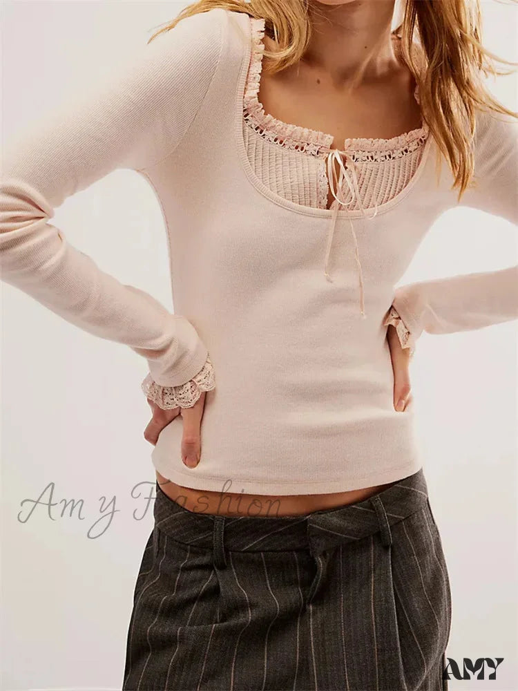 Take Advantage Amy Fashion - Lace Patchwork Long Sleeve Basic Casual Pullovers T-shirts Take Advantage Amy Fashion - Lace Patchwork Long Sleeve Basic Casual Pullovers T-shirts