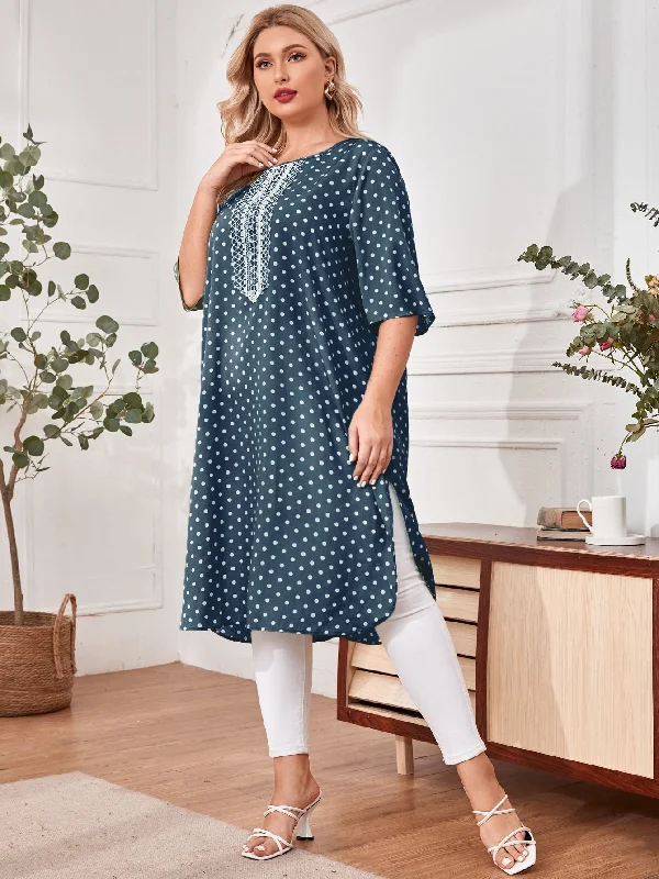 Special Price Polka Dot Split Three Quarter Length Sleeve Round Neck Slit Long Plus Size Blouse