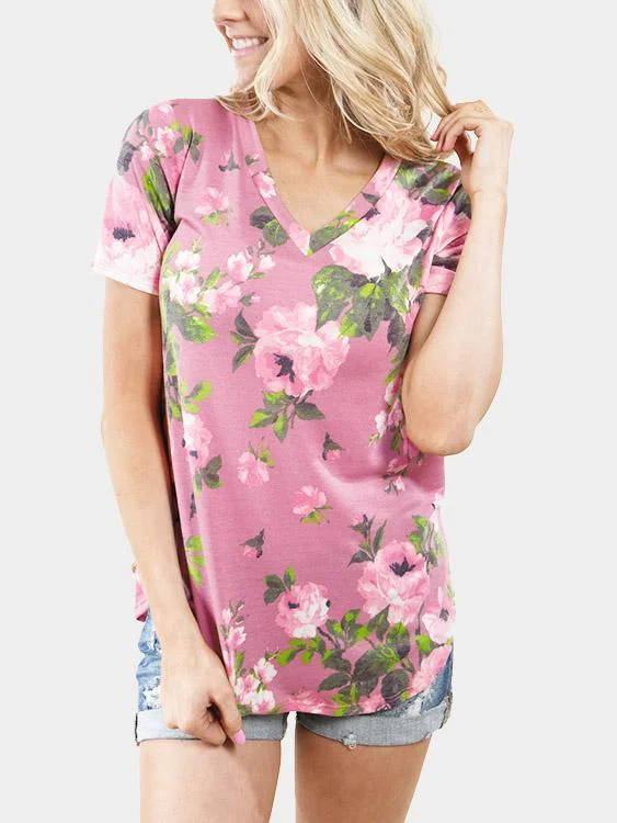 Best Bargains Custom V-Neck Floral Print Short Sleeve Pink T-Shirts