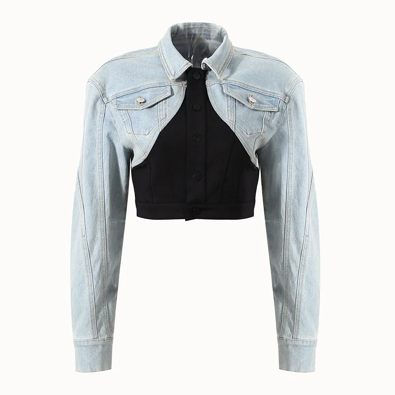 Weekend-Only Price Drops Fashionable jacket women fall 2022 streetwear short casual retro false two pieces of stitching denim jacket for women Weekend-Only Price Drops Fashionable jacket women fall 2022 streetwear short casual retro false two pieces of stitching denim jacket for women