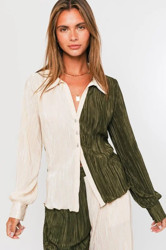 Best Seller Plisse Colorblock Button-Down Top