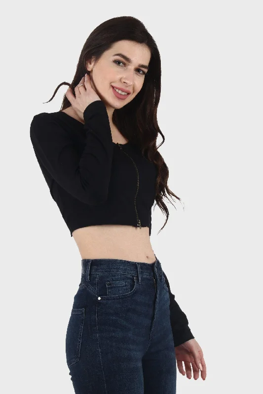 Can't Be Beat Black Solid Top with Front Zipper