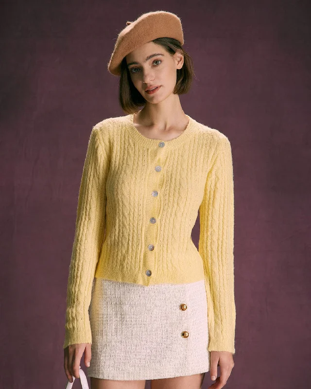 Limited Time The Yellow Round Neck Cable Ribbed Cardigan