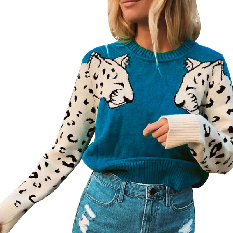Unmissable Sale WN501292 Fashion leopard knitting top O Neck Casual women fall Long sleeve winter knit sweater