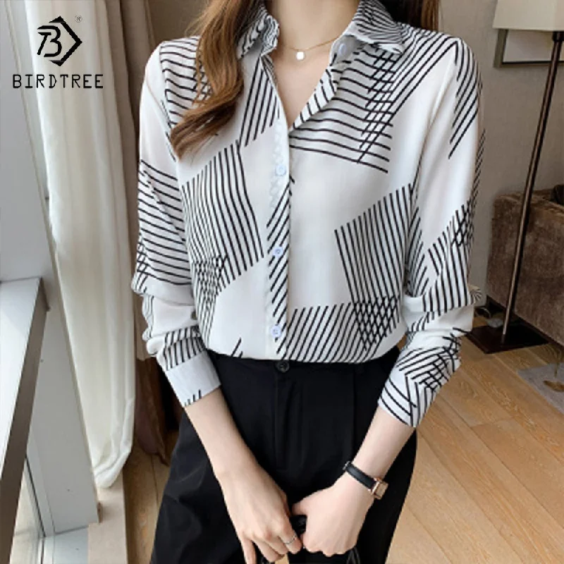 Don't Wait Ready to Ship Women's Long Sleeve Geometry Printing Shirts Elegant Casual Blouses Satin Shirt Tops For Spring Autumn