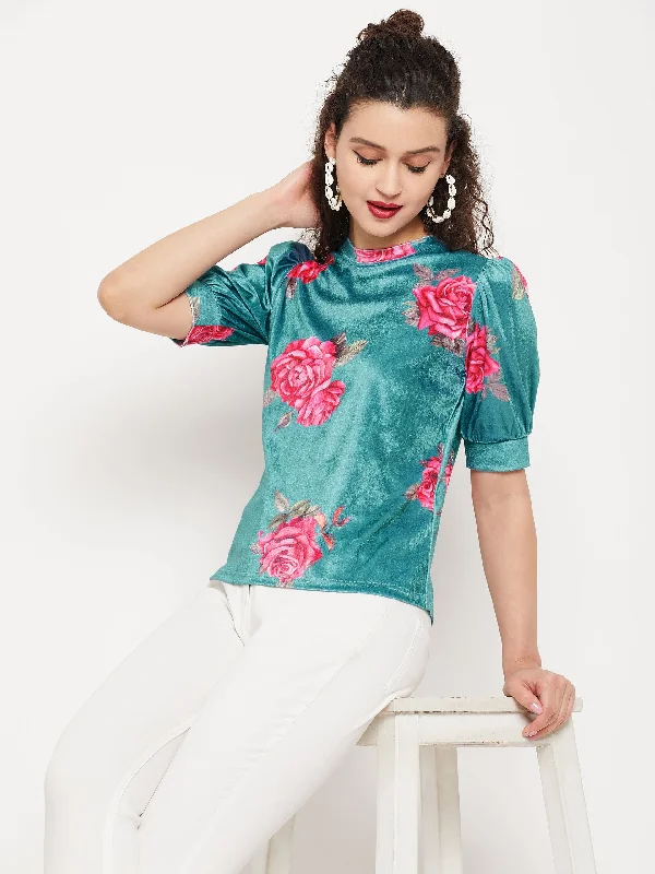 Huge Discounts Stretchable Velvet High Neck Puff Sleeve Top